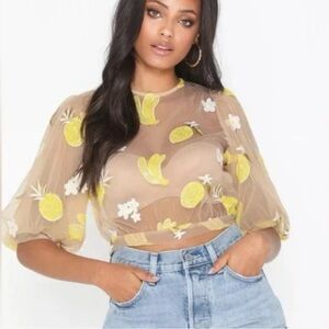 Topshop Sheer Blouse with Yellow Floral Embroidery